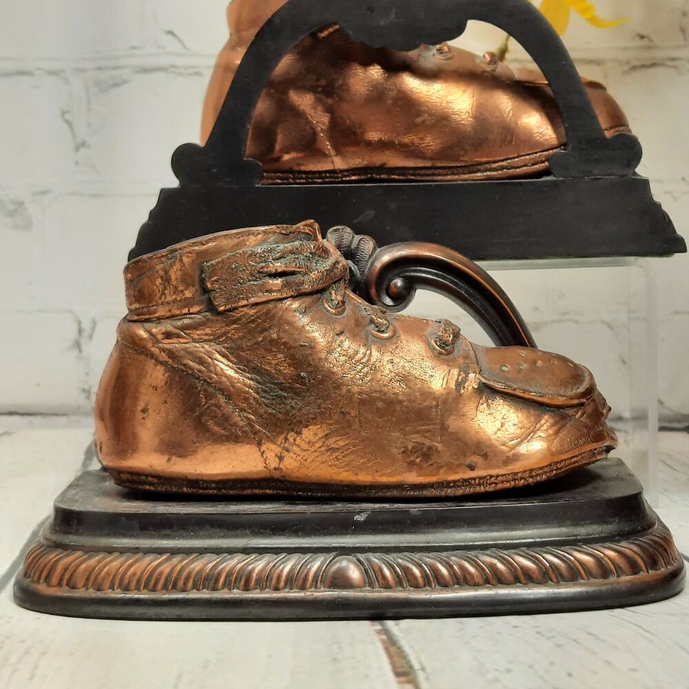 Vintage Bronzed or Copper Coated Dipped Baby Shoes Bookends